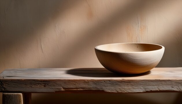 a simple handmade bowl in light tones is placed on a massive old wooden bench with a pronounced wood texture in the background is a textured wall in earthy tones