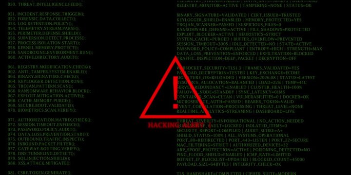 Hacking Alert Red Warning Triangle Sign with Scrolling Green Code Background