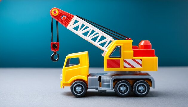 a plastic toy mobile construction crane with yellow body gray chassis and red white warning stripes on the boom