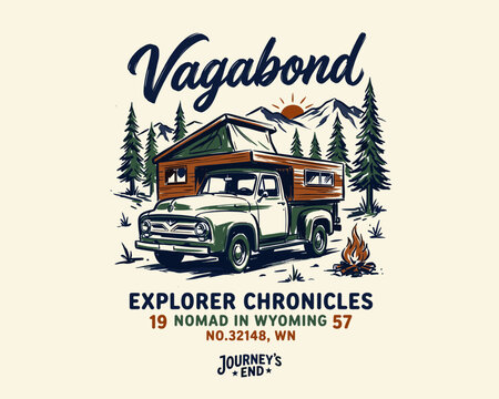 Vintage vagabond camper truck illustration. Explorer chronicles mountain landscape. Retro outdoor camping graphic.