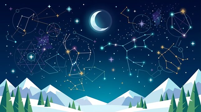 Stylized vector night sky with moon and constellations.