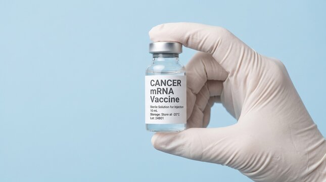 Scientist holding a cancer mRNA vaccine vial for medical research and clinical treatment.