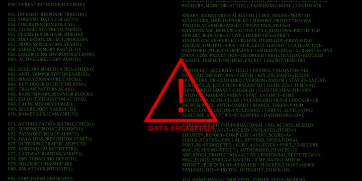 Data Encrypted Cyber Security Warning Alert Animation with Red Triangle