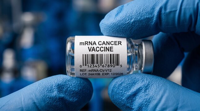 Scientist holding a vial of mRNA cancer vaccine for medical research and clinical trials