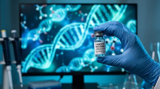 Scientist holding a vaccine vial in front of a digital DNA strand screen in a laboratory.