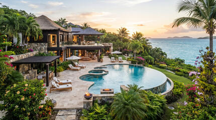 Fototapeta premium Luxury tropical villa with infinity pool overlooking the ocean at sunset.