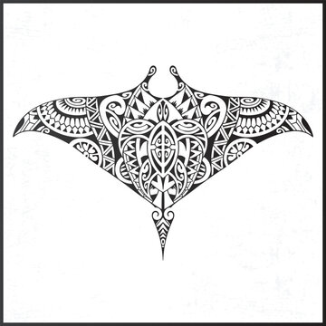 Polynesian tribal stingray vector illustration with traditional tiki ornament patterns