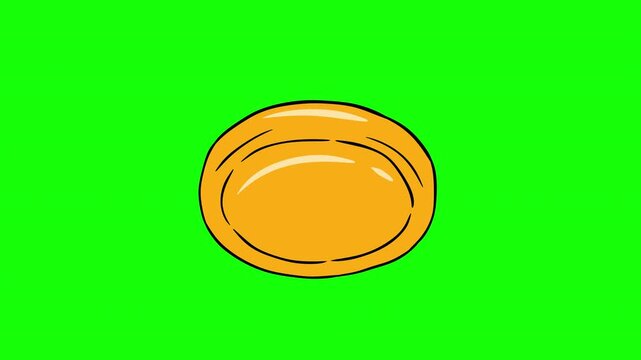 2D cartoon golden coin horizontal spinning animation loop on green screen background, game asset.