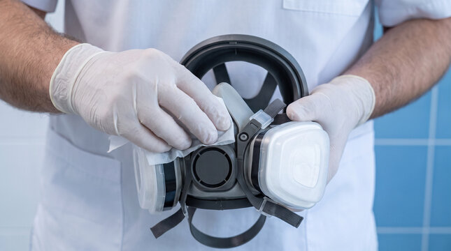 Sterilization and infection control, man disinfecting respirator