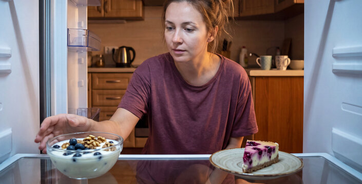 Woman reaches for yogurt with blueberries and walnuts instead of a slice of cheesecake in the refrigerator. Concept of healthy food choice and resisting dessert temptation.