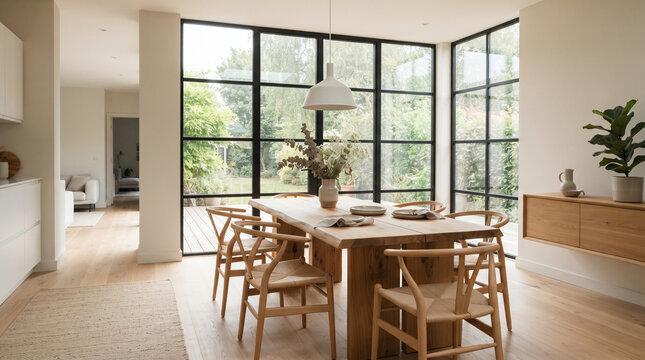 Modern dining room interior with wooden table and black steel framed windows.
