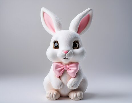 a cute 3d white rabbit figurine with pink bow and paw pads sitting on a plain white background as a decorative item