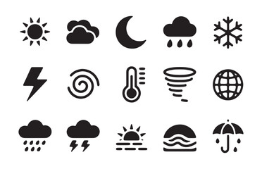 Naklejka premium Weather icon set with sun clouds rain snow storm wind thermometer and thunder in black silhouette.