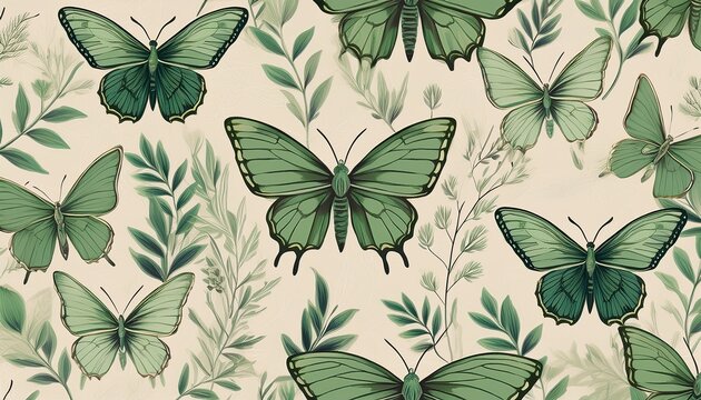 seamless pattern with green moths and butterflies surrounded by delicate leafy branches on a light textured cream colored background