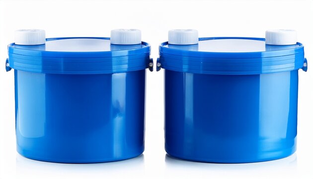 blue plastic storage drum with two white screw caps isolated on white background