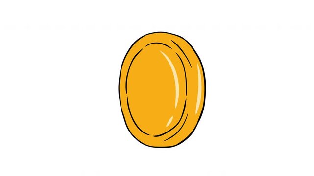 2D cartoon golden coin vertical spinning animation loop isolated on white background, game asset.