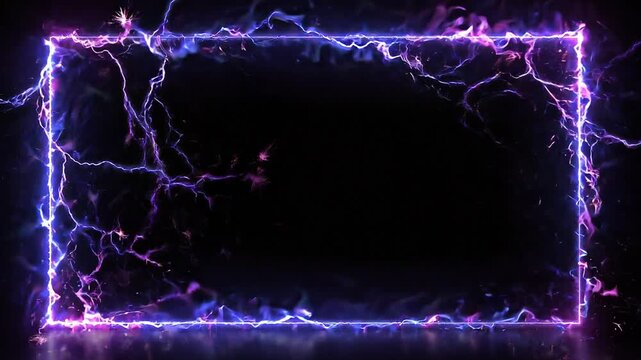 Glowing neon electric lightning frame border with purple and blue energy sparks on a dark background