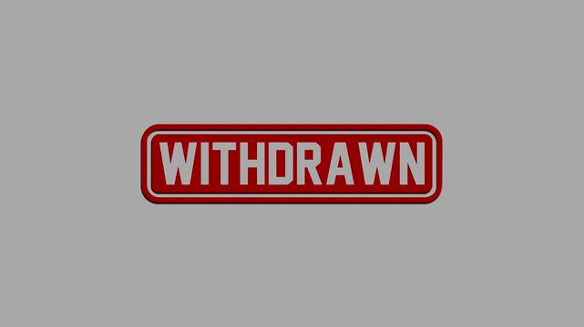 A shiny red rectangular badge featuring the word withdrawn in bold white capital letters set against a neutral grey background
