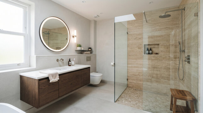 Modern bathroom interior with a wooden vanity and a glass walk in shower.