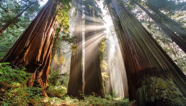 redwood trees with sun rays filtering through mist in california forest
