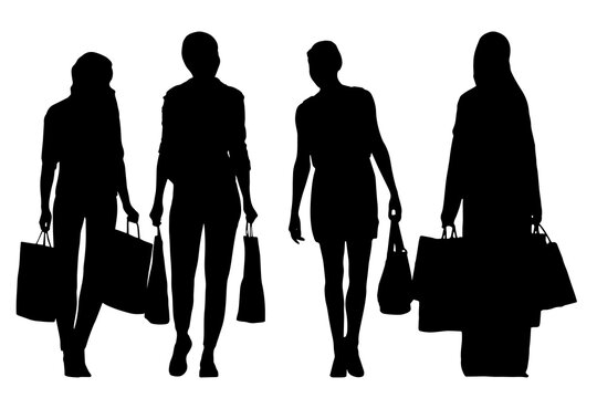 Black silhouettes of a young couple standing and walking with shopping bags, consumer man and woman enjoying retail sale purchase discount activity, isolated on a clean white background.