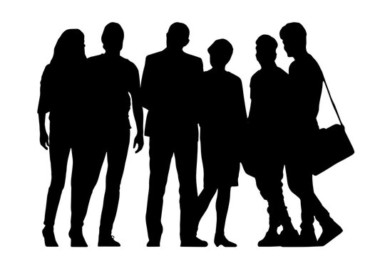 Black silhouettes of diverse groups of young adults standing and socializing together, men and women interacting, communicating and networking, graphic isolated on white background.