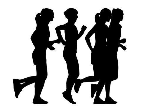 Black silhouettes of diverse people running, jogging and doing fitness stretching exercises, active women training for outdoor sport workout isolated on a clean white background.