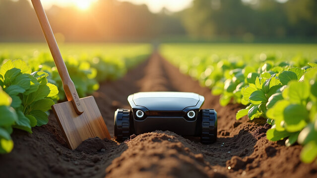 Agricultural Robot Beside Traditional Hoe Field Work
