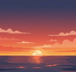 sunset over the sea,Minimalist Sunset Over Ocean Vector, Twilight Sea Landscape Background Illustration © Mamy Lorra