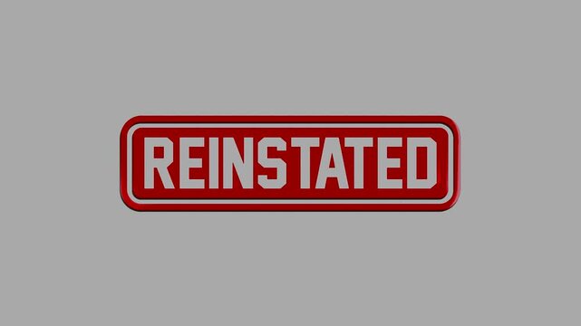 Glossy red rounded rectangular badge with the word reinstated in white bold text isolated on a grey background