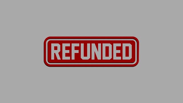 Glossy red rounded rectangular label with the word refunded written in bold white letters isolated on grey