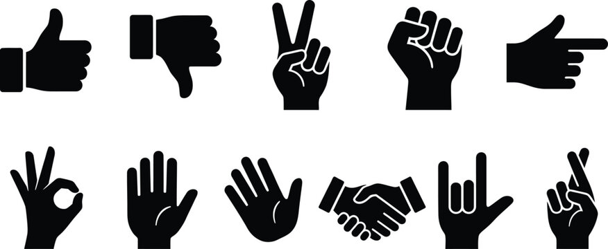 Set of human hand gestures silhouette icons including thumbs up victory and handshake vector