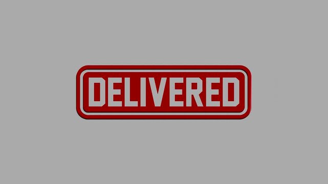 Glossy red three dimensional button with white text saying delivered isolated on neutral background