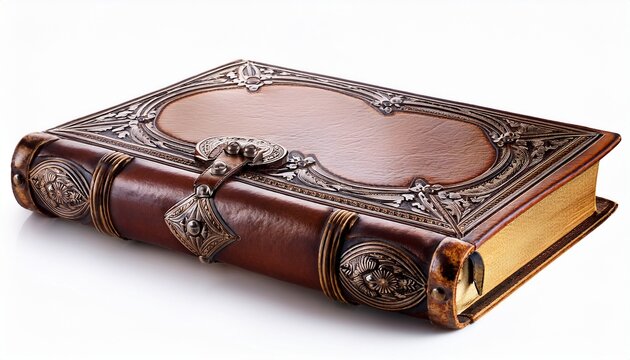 antique leather bound book with ornate metal clasps isolated on white background vintage tome