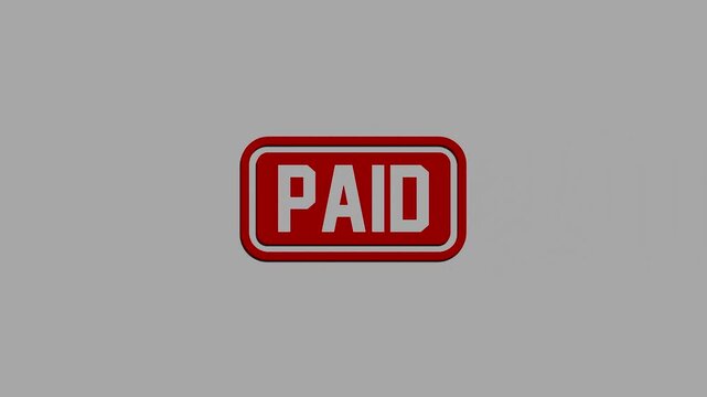 Three dimensional glossy red paid stamp button with white text isolated on grey background