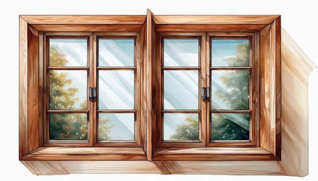 two large wooden window frames with transparent windows on a white background generative ai