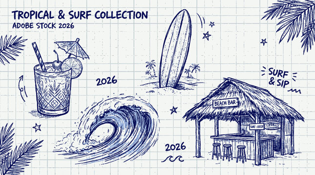 Hand drawn tropical beach elements set featuring surfboard wave cocktail and thatched bar structure on grid paper background with lifestyle