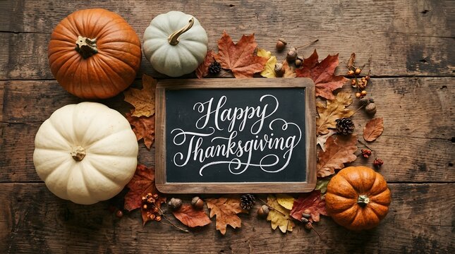A beautiful autumnal thanksgiving scene featuring pumpkins colorful leaves and a charming chalkboard greeting evoking warmth and gratitude