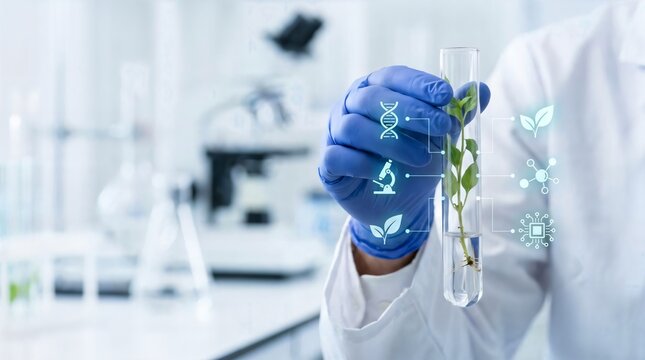 Scientist examines plant in test tube with biotechnology icons