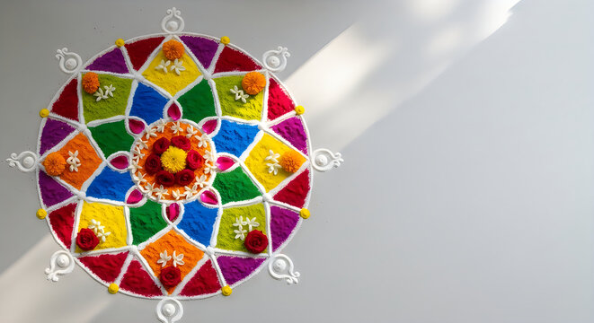 Beautiful colorful rangoli design created for the traditional hindu festival of lights diwali celebration