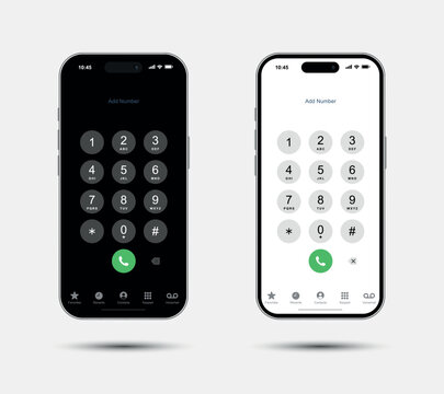 Smartphone phone dialer keypad screen mockup in dark and light mode isolated on white background