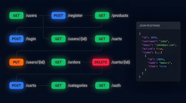 REST API architecture flowchart with neon nodes. GET, POST, PUT, DELETE endpoints. Dark futuristic cyber background for web development software interface diagram.