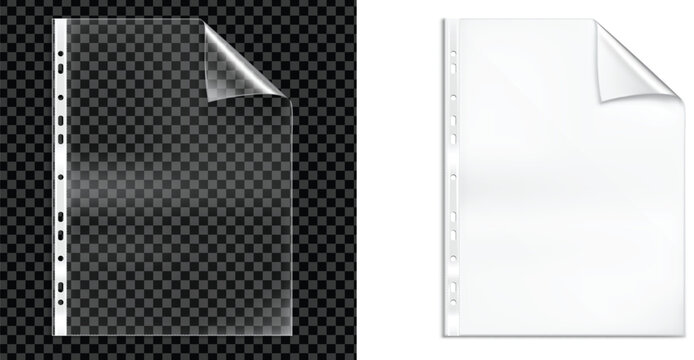Transparent plastic sheet protector mockup with curled corner isolated on checkerboard background for document storage and office stationery presentation design project templates.