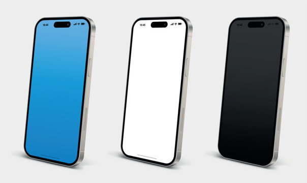 Smartphone mockup set with blank white gradient and black screen isolated on white background angled view