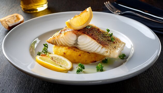 side view of baked cod with lemon garnish a white fish restaurant dish food photography