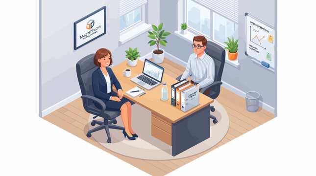 Isometric interview room workspace with hiring manager and candidate sitting at desk in modern office interior