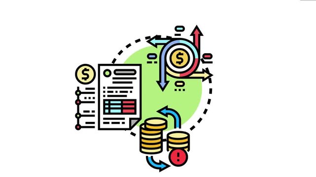 Business cash flow reporting showing financial movement, income, expenses, and a financial document, representing money management and finance analytics