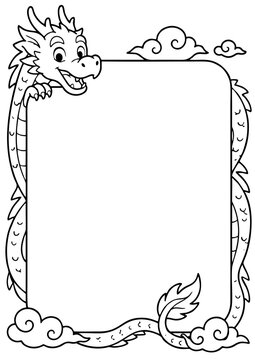 Dragon cartoon border frame featuring cute mythical creature design for kids activity or invitation card template