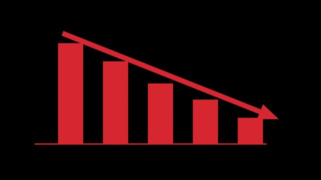 Declining revenue bar chart with red falling arrow