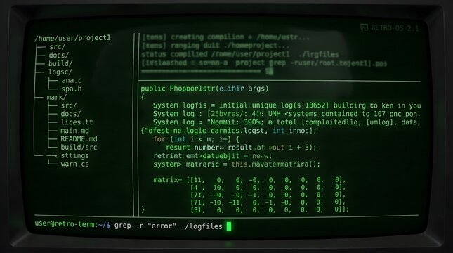 Vintage green phosphorus CRT computer monitor screen with code. Old monochrome display, programming syntax, text, matrix, digital retro technology.